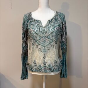 Boho Sheer Lace Blouson Top Cottagecore Peasant Stretch Elastic Hem Womens L